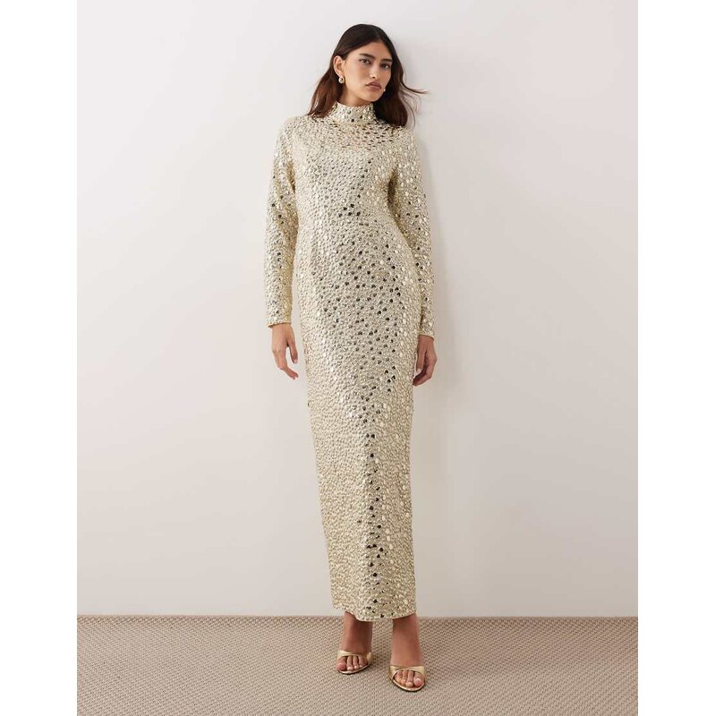 ARRANGE textural sequin high neck long sleeve maxi dress in buttermilk 114573181