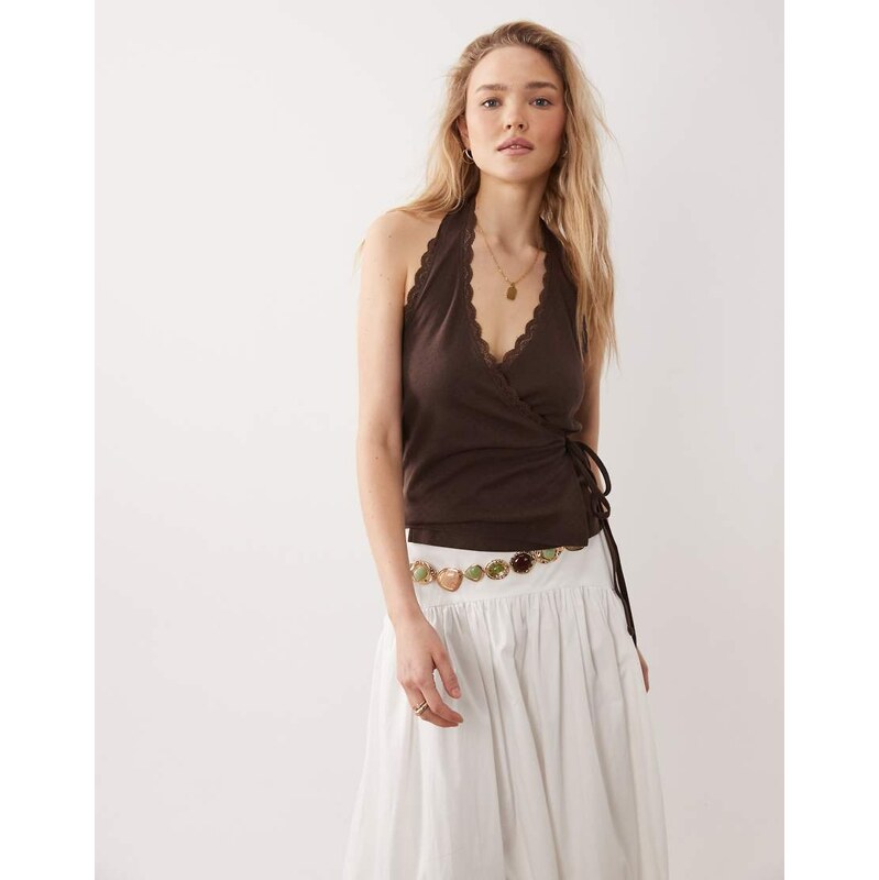 Miss Selfridge pointelle halterneck wrap top in chocolate-Brown 115517158