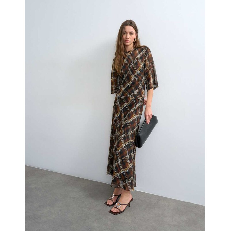 Topshop curved waistband chiffon t-shirt maxi dress in brown