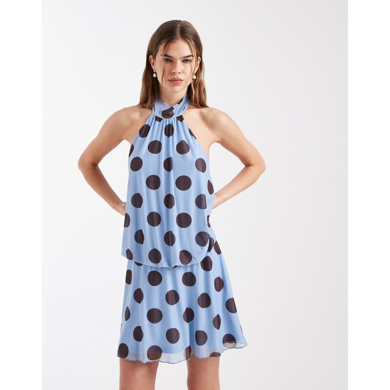 New Look halterneck mini dress in blue polka dot print