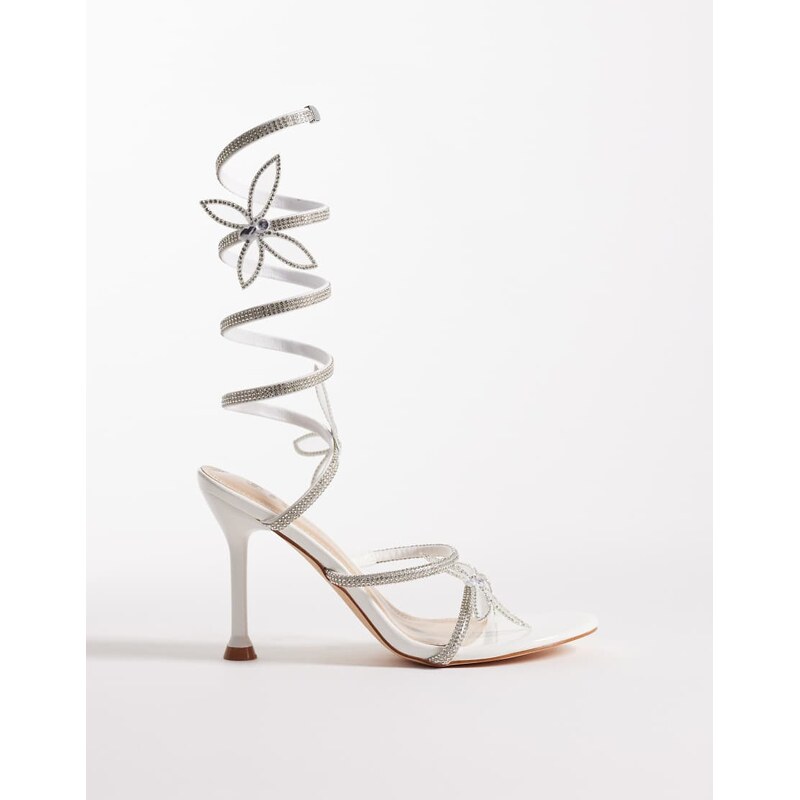 SEQWL Liquorice embelished wrap around heeled sandal in white 115517695