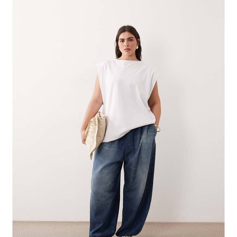 ARRANGE Curve Quinn drawcord waist barrel jeans in washed blue