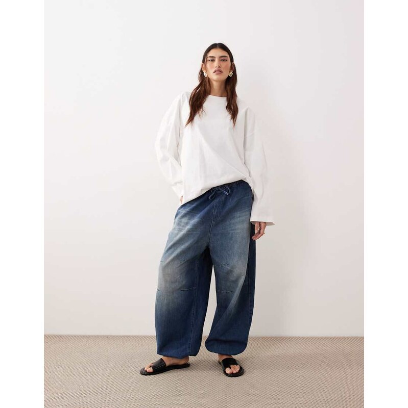 ARRANGE Quinn drawcord waist barrel jeans in washed blue