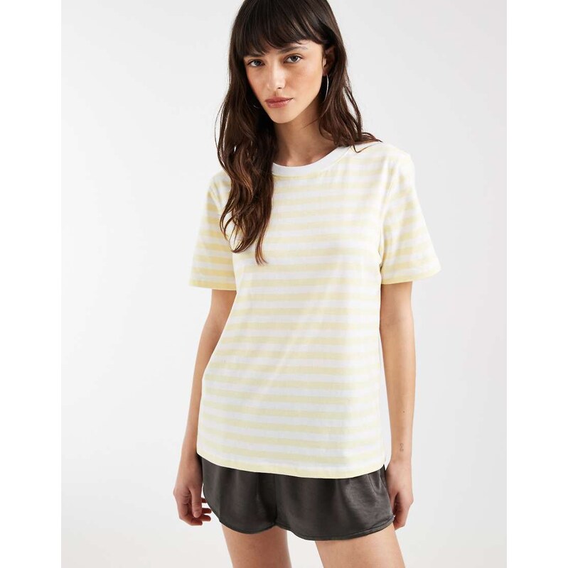 Pieces short sleeve boxy t-shirt in pale yellow and white stripe