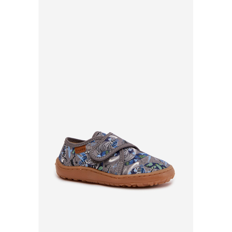 Dětské chlapecké pantofle na suchý zip Barefoot šedé model