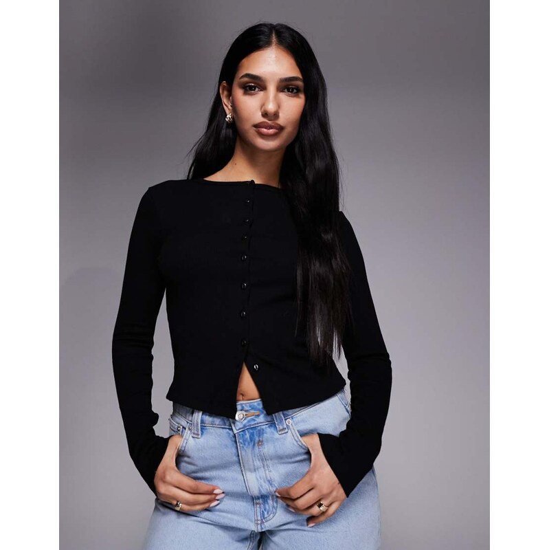 River Island button through ribbed cardigan in black 113575008