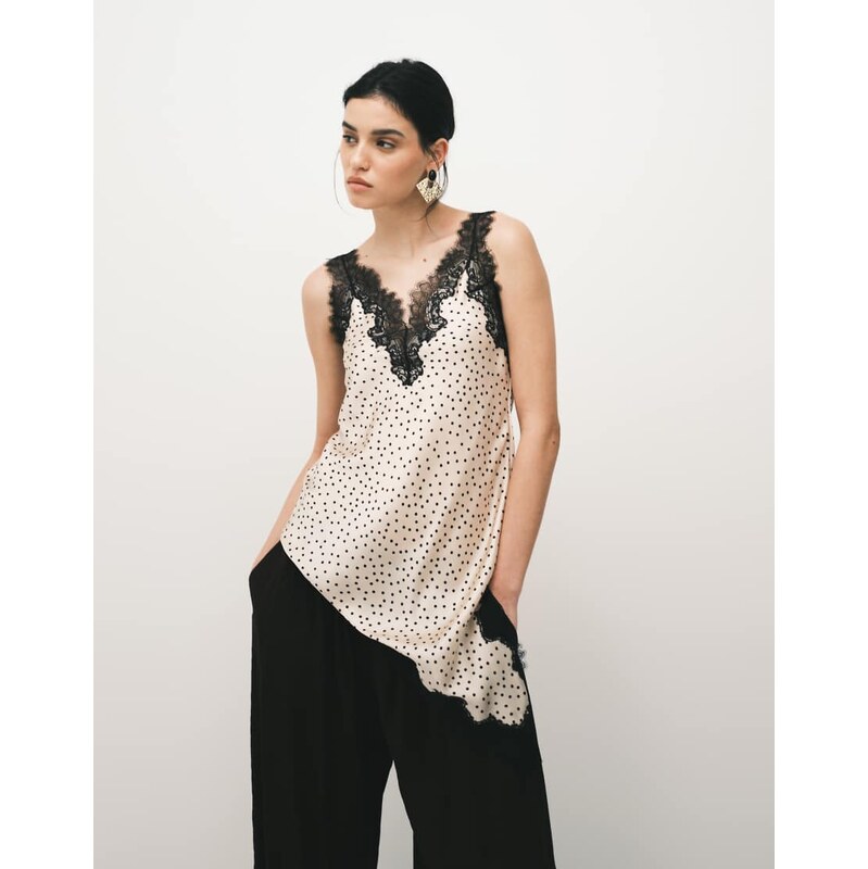 Mango asymmetric satin longline cami top with lace trim in beige and 113575028