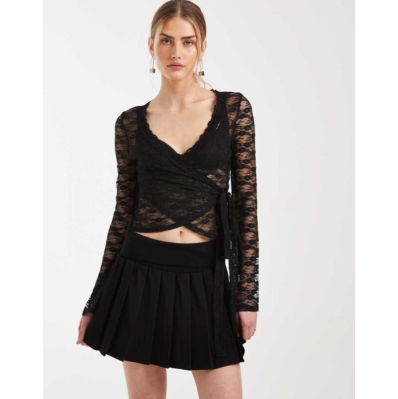 Miss Selfridge wrap front lace top in black 115522720