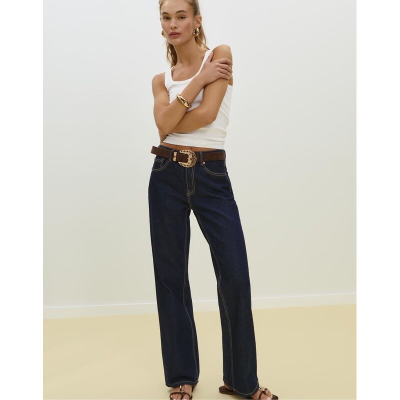 Stradivarius D92 straight wide-leg jeans in overdyed blue denim