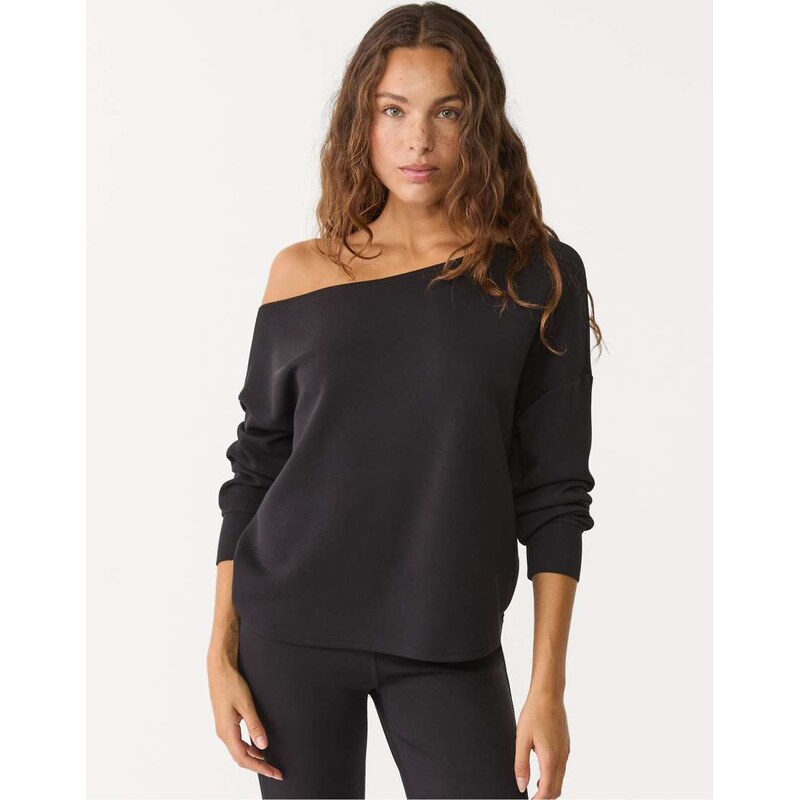 Stradivarius soft touch exposed shoulder sweatshirt in black