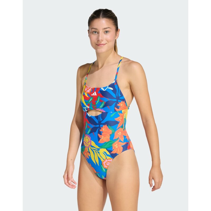 adidas performance Mexicana florals tie-back swimsuit in glow blue / 115505851
