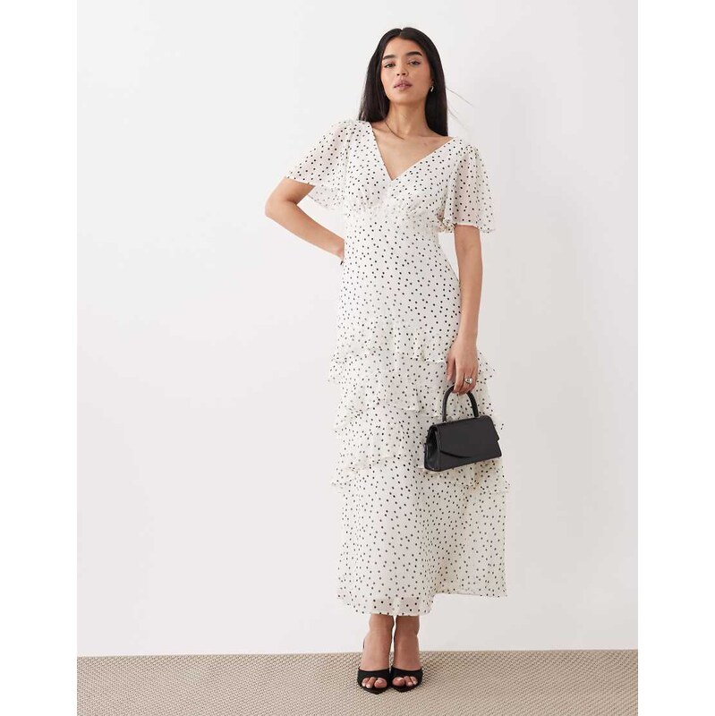 New Look chiffon tiered polka dot maxi dress in cream-White