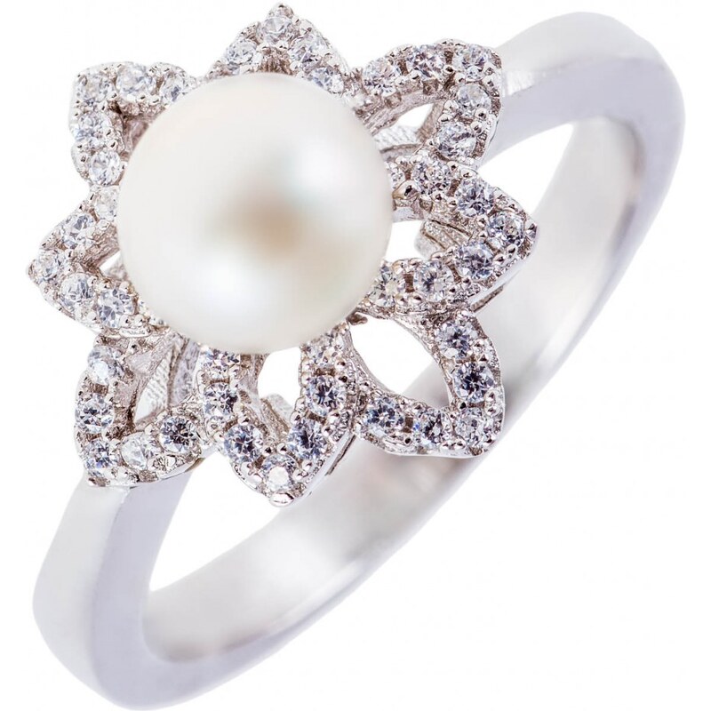 Meucci Perlový stříbrný prsten s kytičkou zirkonů
