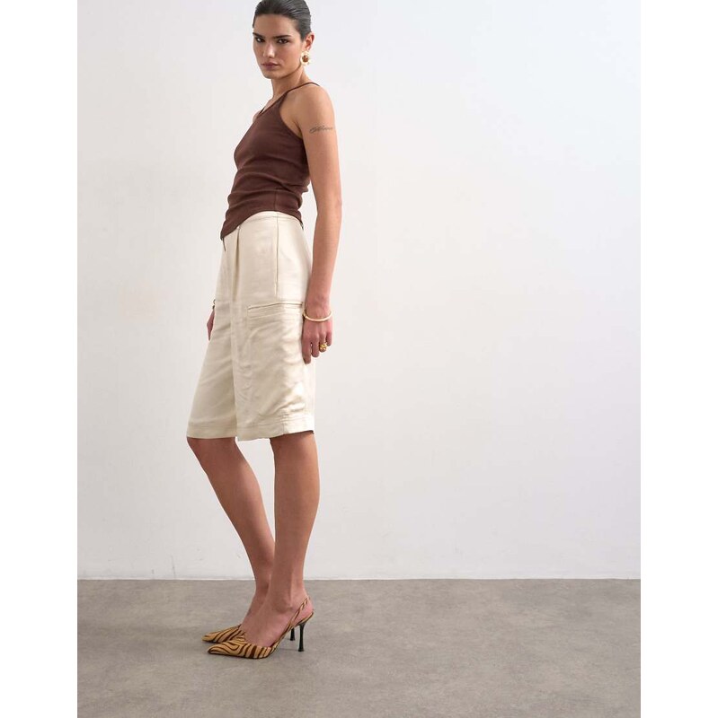 Topshop satin longline cargo short in ecru-White