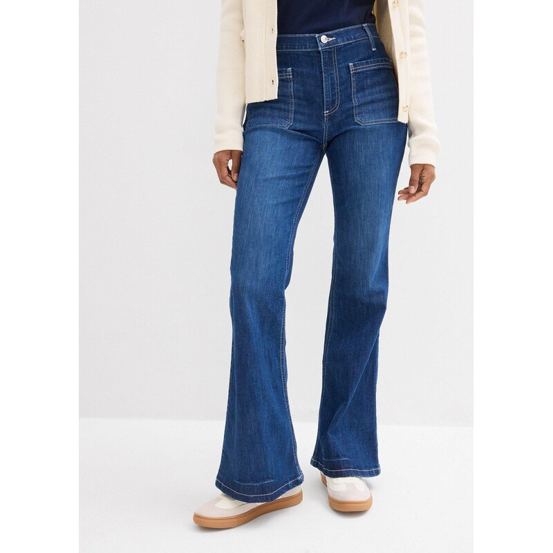 bonprix Strečové džíny Bootcut, High Waist, dlouhá délka modrá