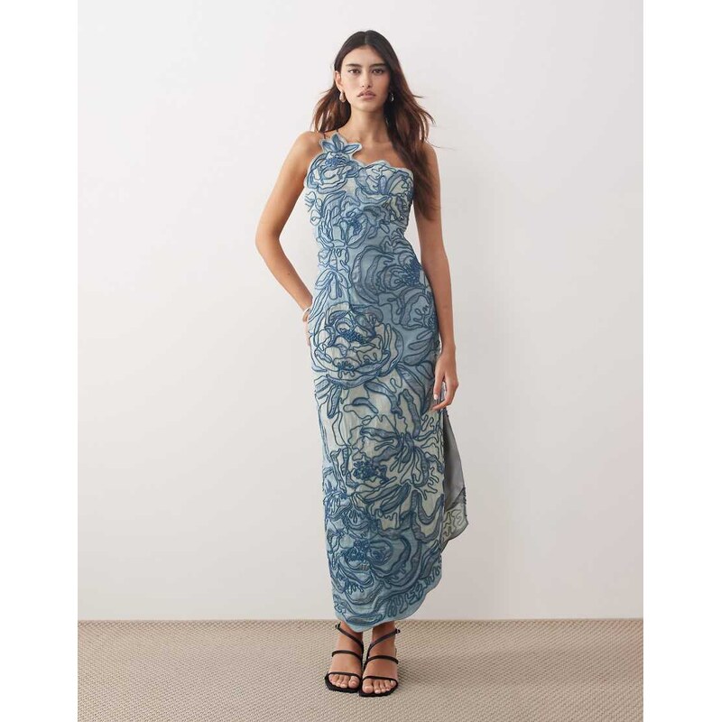 ARRANGE linear floral embroidered one shoulder column maxi dress