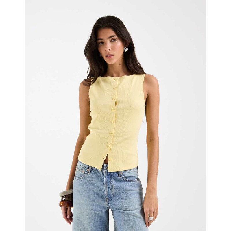 ASOS DESIGN button down boat neck top in yellow-No colour