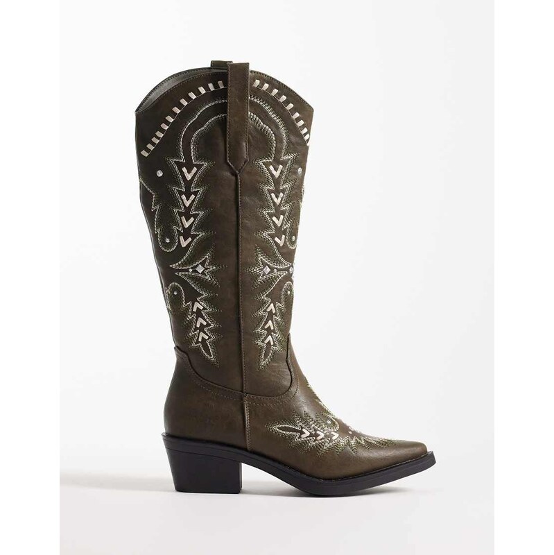 Glamorous embroidered western knee boots in khaki-Green
