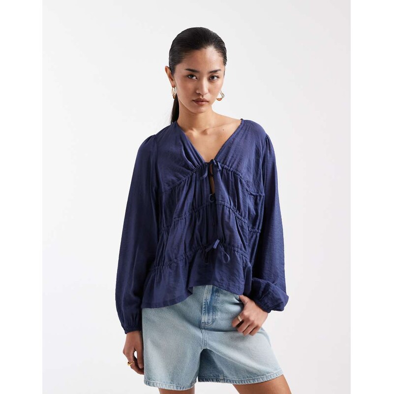 Threadbare shirred long sleeve blouse with tie front in blue 115108855