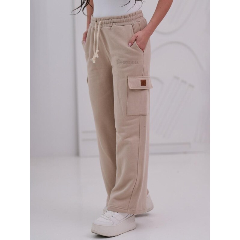 Dámské tepláky Béžové Natural Side Leather Patch Pocket Cargo