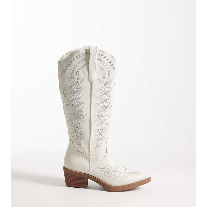 Glamorous Wide Fit embroidered western knee boots in cream-White