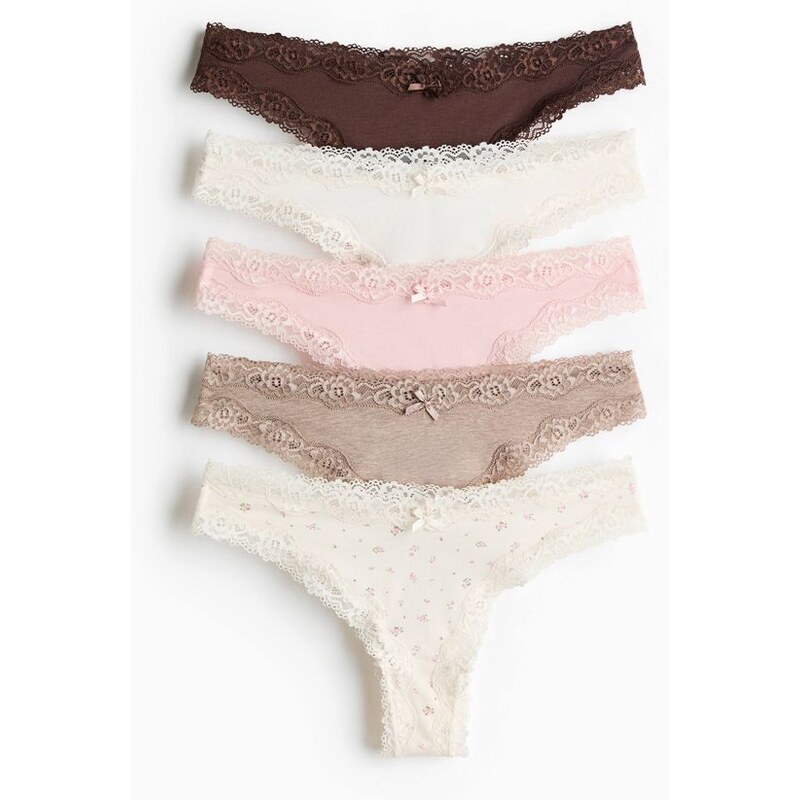 H&M - Kalhotky brazilian z bavlny a krajky 5 kusů - bílá 113609179