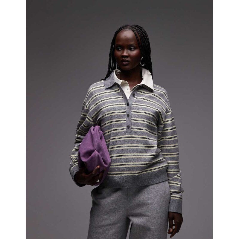 ARKET long sleeve polo in grey and yellow stripe-Multi