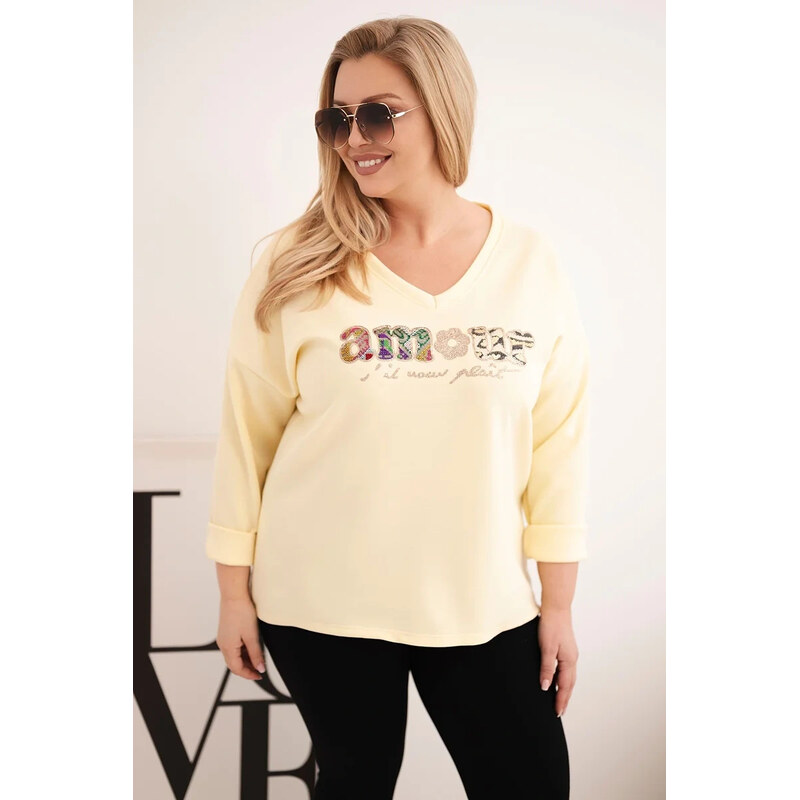 K-Fashion Dámská mikina Plus Size s nápisem a výstřihem do V
