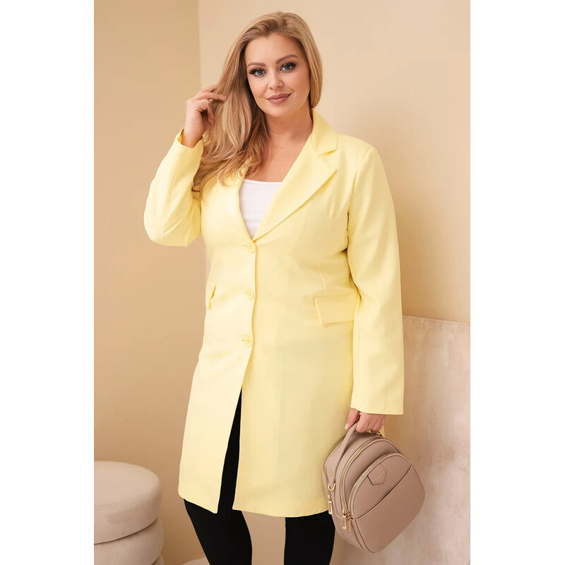 K-Fashion Dámský plášť Plus Size dlouhý s límcem a kapsami žlutý 113415138
