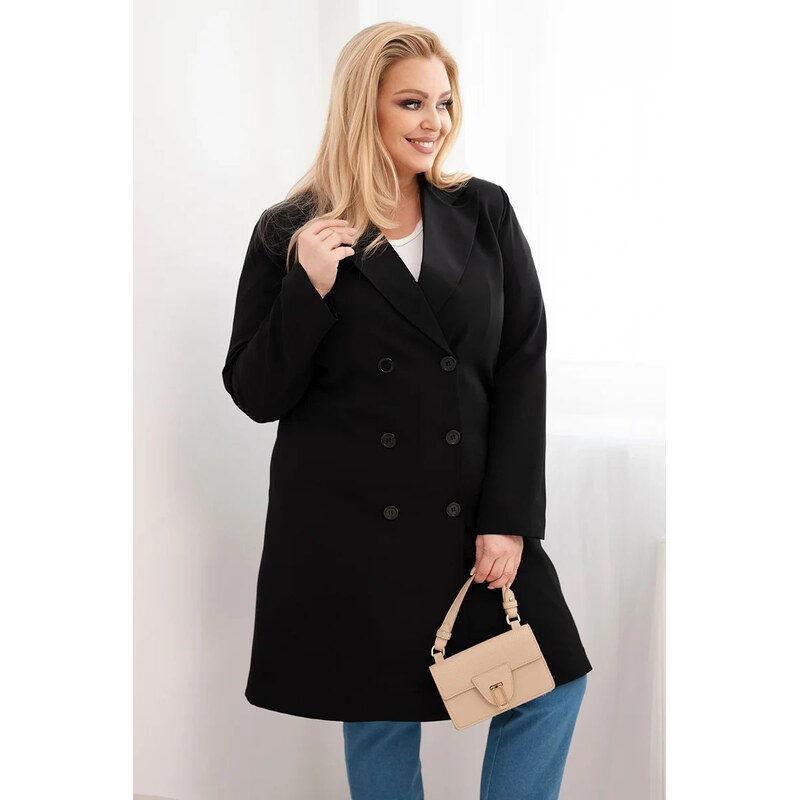 K-Fashion Dámský kabát Plus Size dvouřadový s límcem černý 113415151