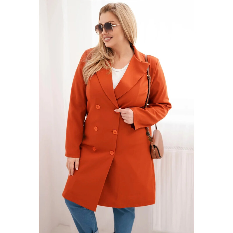 K-Fashion Dámský kabát Plus Size dvouřadový s límcem rudy