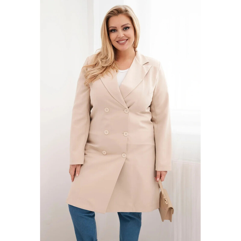 K-Fashion Dámský kabát Plus Size dvouřadový s límcem béžový