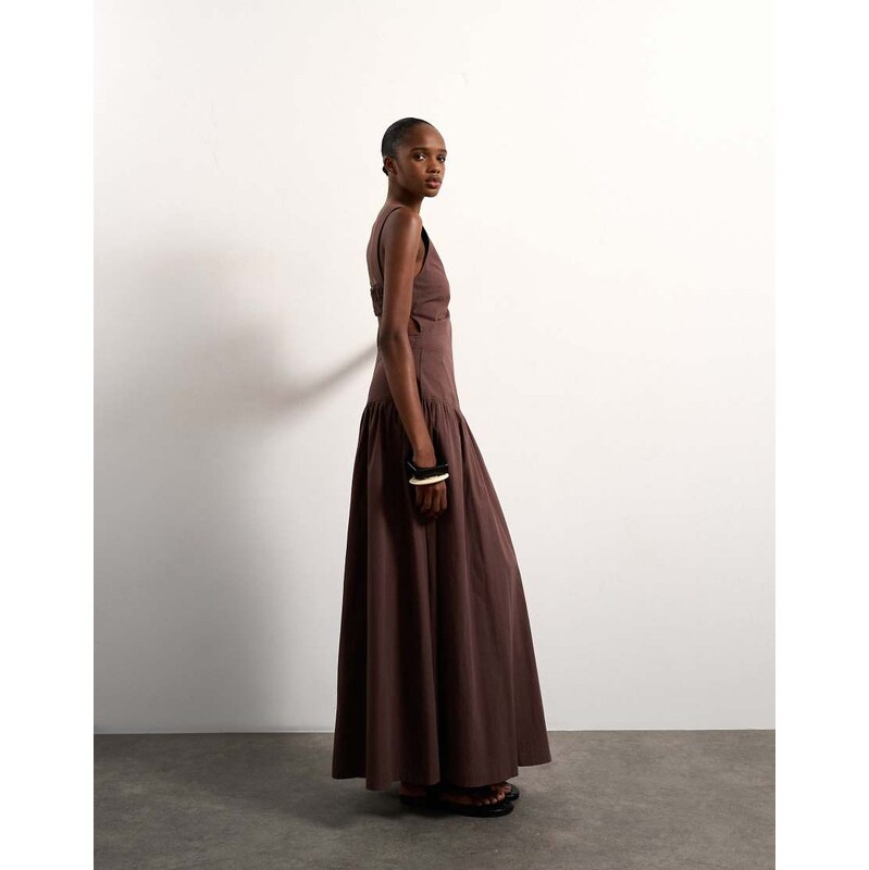 Topshop cut out waist poplin maxi dress in chocolate-Brown