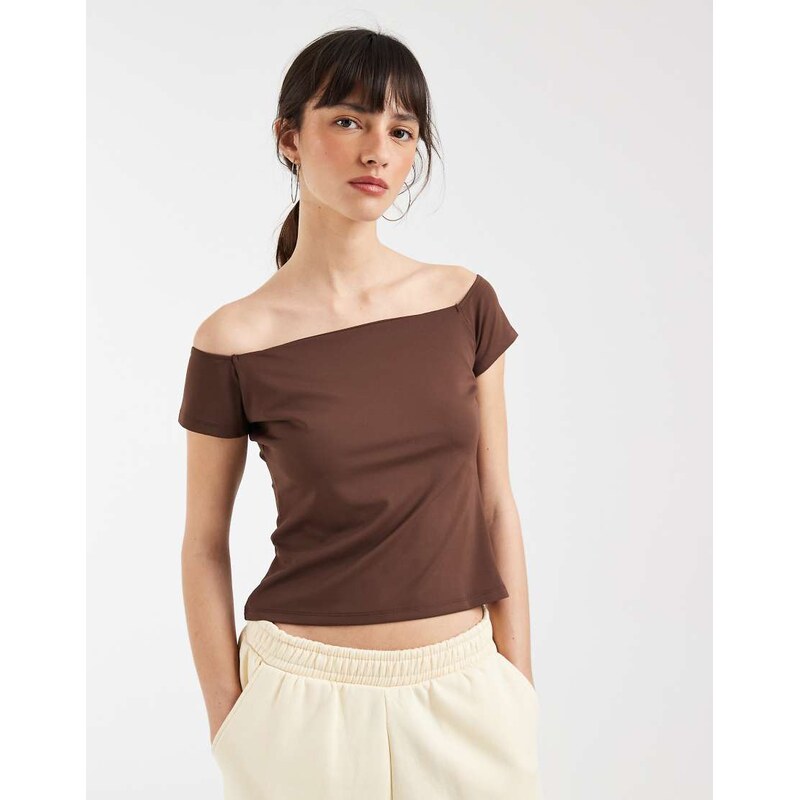 ASOS DESIGN Sculpting bardot short sleeve top in chocolate-Brown