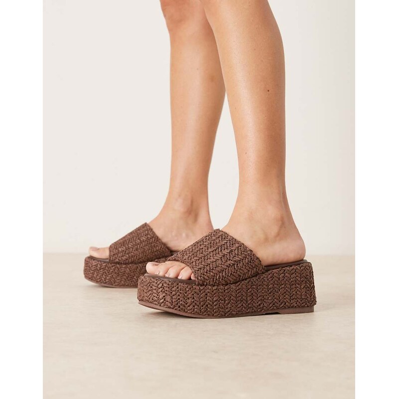 ASOS DESIGN Teagan flatform footbed wedges in chocolate raffia