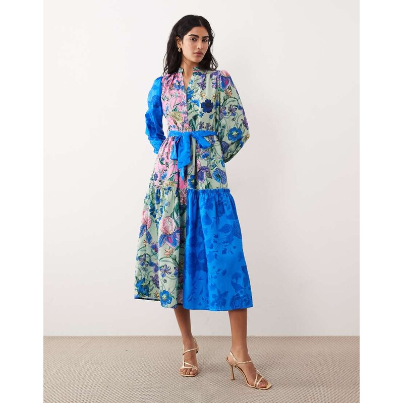 Hope & Ivy tie waist midaxi shirt dress in blue mixed floral