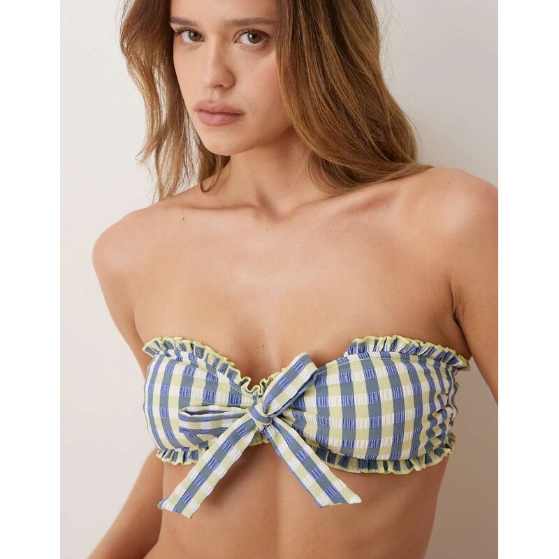 ASOS DESIGN Cheri Check padded bandeau ruched tie front bikini