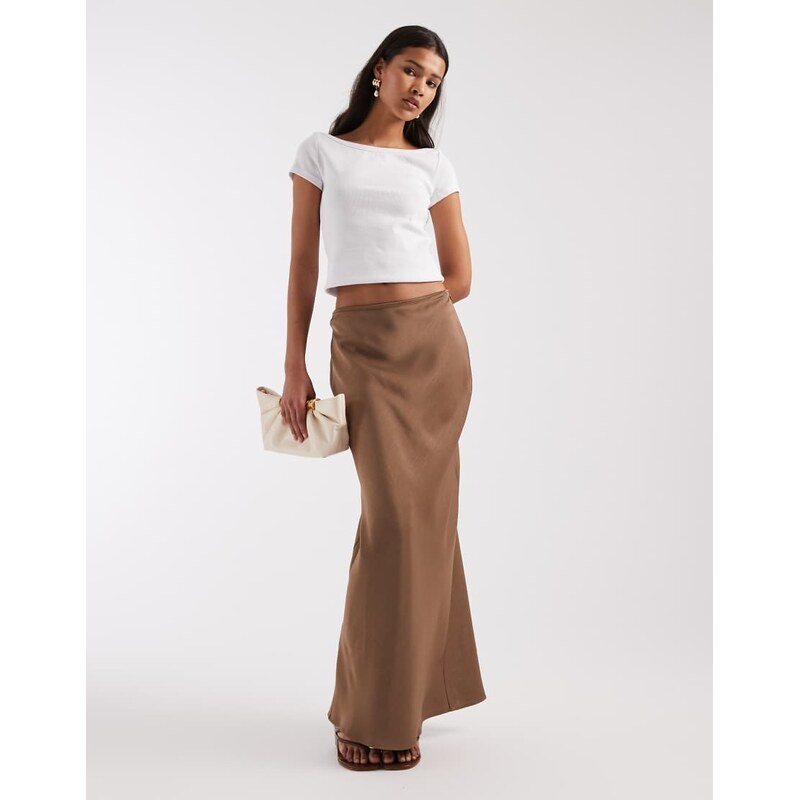 4th & Reckless satin column maxi skirt in mocha-Brown