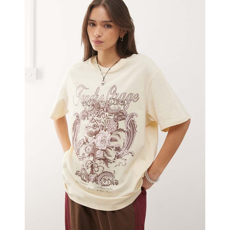 Monki oversized floral graphic t-shirt in lemon and pink-Neutral
