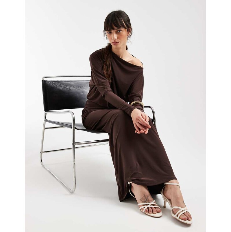 ASOS DESIGN draped long sleeve maxi dress in chocolate-Green