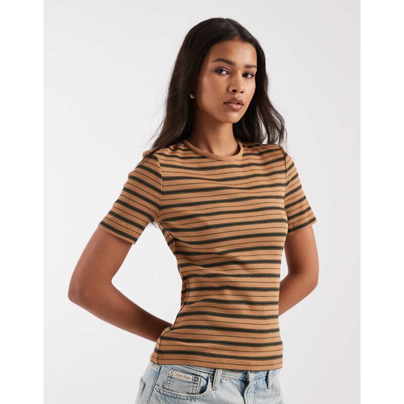 & Other Stories super soft rib slim t-shirt in beige stripe