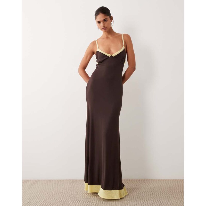 ASOS DESIGN mesh contrast cami maxi dress in chocolate-Brown