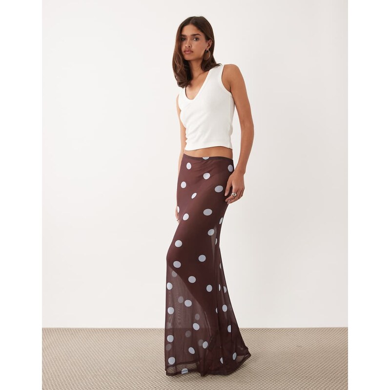 ASOS DESIGN printed mesh sheer maxi column skirt in polka dot