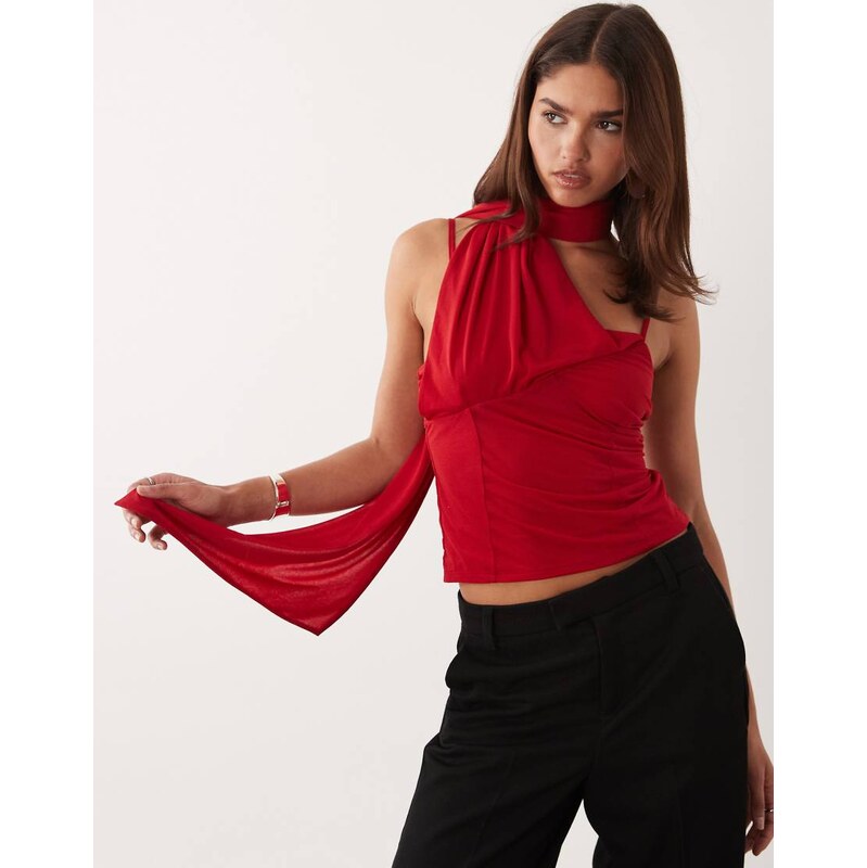 ASOS DESIGN stretch chiffon scarf wrap top in red