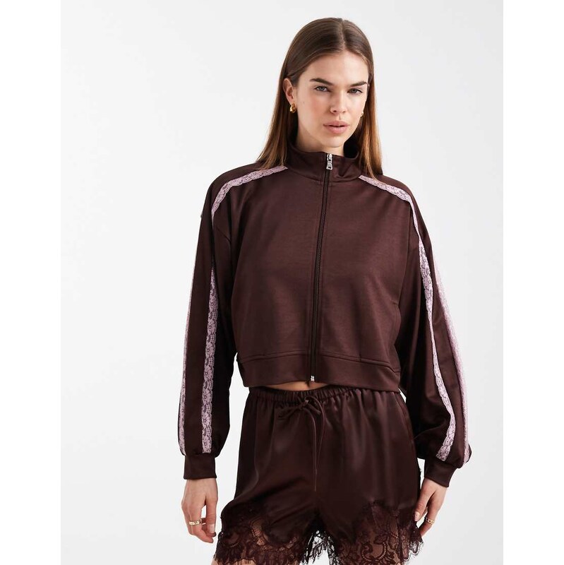 ASOS DESIGN lace trim detail funnel neck tricot track jacket in