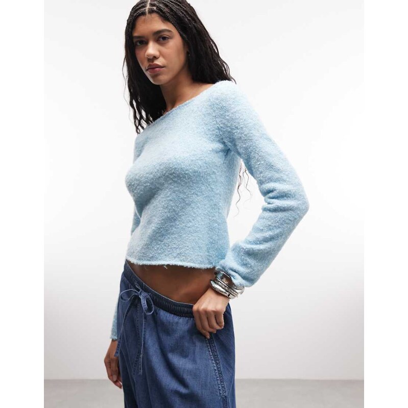 Reclaimed Vintage boucle textured slash neck knitted top in blue 113616781