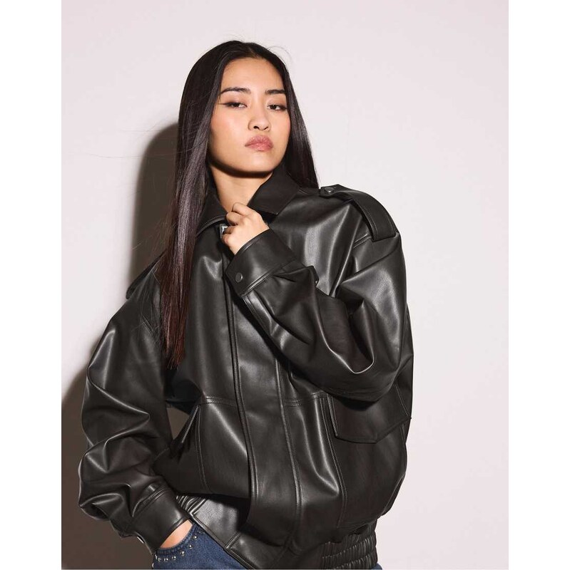 Stradivarius Oversize leather effect biker jacket in brown