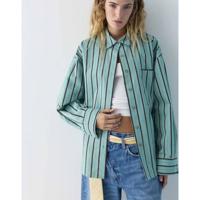 Pull&Bear Striped shirt with pocket in turquoise-Blue