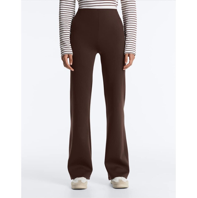 OYSHO Neoprene-effect high rise flare trousers in dark brown 113616841