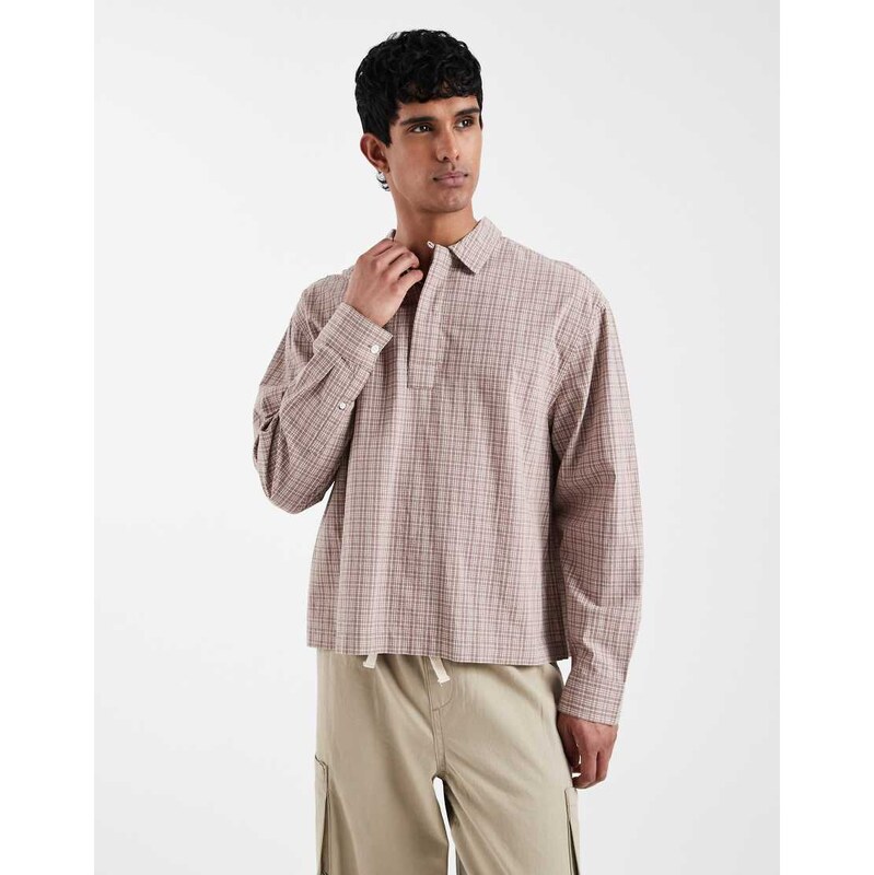 ASOS DESIGN boxy oversized overhead check shirt in brown